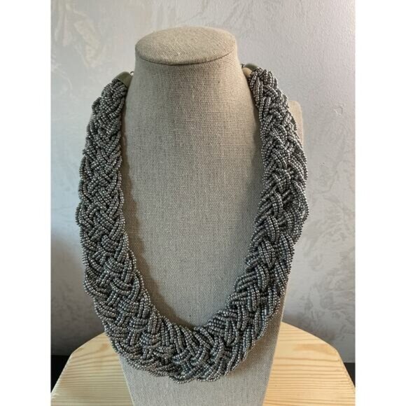 Braided Beaded Necklace In Silver Tone With Adjustable Chain Closure - Picture 1 of 5